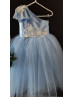 One Shoulder Blue Ivory Flower Girl Dress